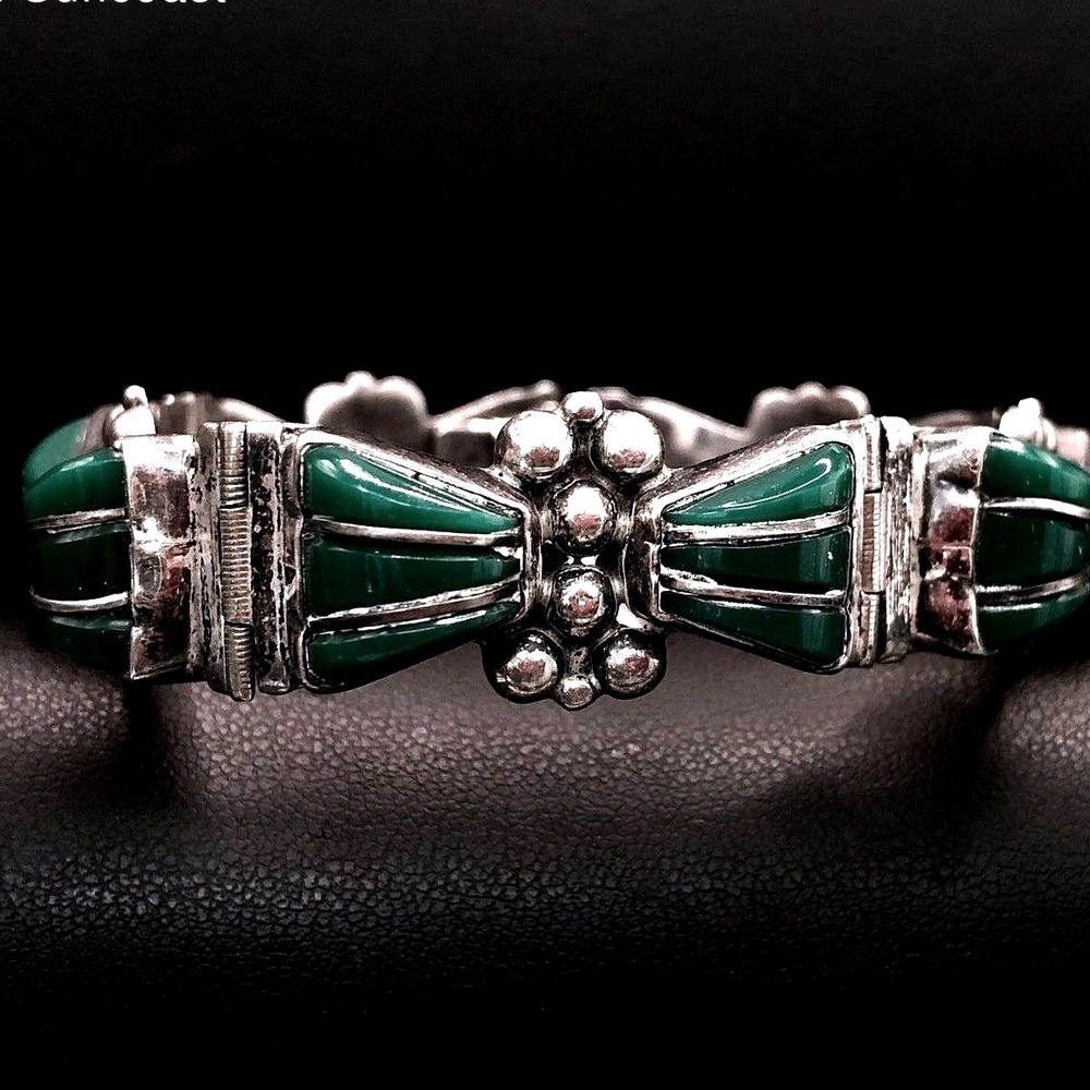 Vintage Mexico Sterling Silver Green Onyx Inlay Link Bracelet Taxco Style 30.6g